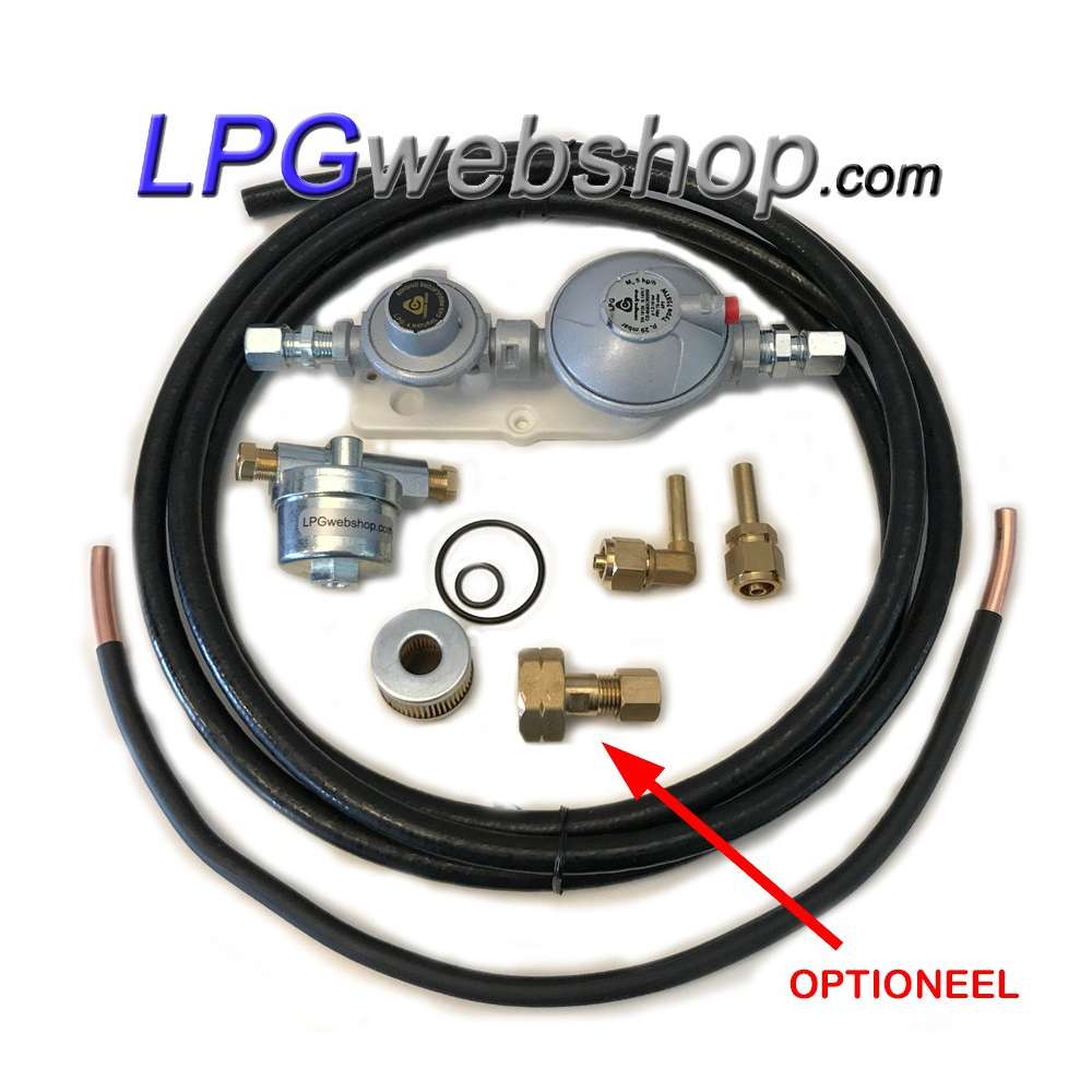 Juego de regulador de presión (30 mbar) con filtro y conexiones para depósito de vapor o bombona de gas Juego de regulador de presión (30 mbar) con filtro y conexiones para depósito de vapor o bombona de gas