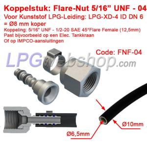 Pieza de acoplamiento LPG-FIT Flare-Nut 5/16" UNF (FNF-04) para tubería de plástico LPG-XD-4 (8 mm)
