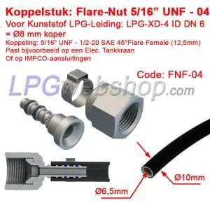 Coupling piece LPG-FIT Flare-Nut 5/16" UNF (FNF-04) for Plastic Pipe LPG-XD-4 (8mm)