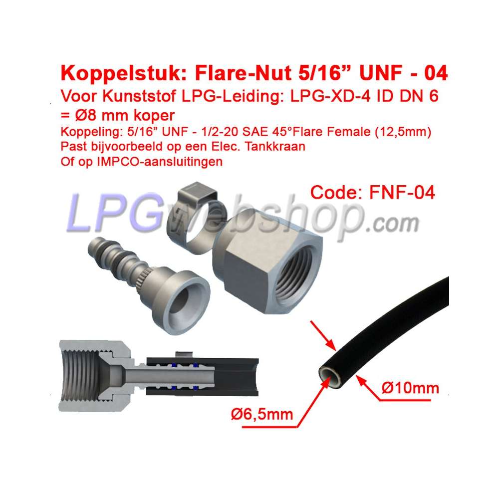 Coupling piece LPG-FIT Flare-Nut 5/16" UNF (FNF-04) for Plastic Pipe LPG-XD-4 (8mm) Coupling piece LPG-FIT Flare-Nut 5/16" UNF (FNF-04) for Plastic Pipe LPG-XD-4 (8mm)