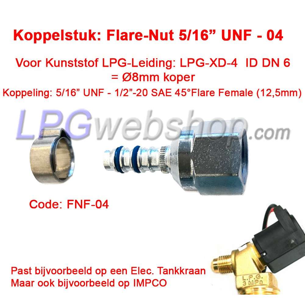 Pieza de acoplamiento LPG-FIT Flare-Nut 5/16" UNF (FNF-04) para tubería de plástico LPG-XD-4 (8 mm) Pieza de acoplamiento LPG-FIT Flare-Nut 5/16" UNF (FNF-04) para tubería de plástico LPG-XD-4 (8 mm)