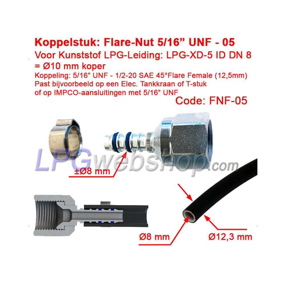 Peça de conexão Reta LPG-FIT Porca Flare 5/16" UNF (FNF-05-E) para Tubo Plástico LPG-XD-5 (10mm) Peça de conexão Reta LPG-FIT Porca Flare 5/16" UNF (FNF-05-E) para Tubo Plástico LPG-XD-5 (10mm)