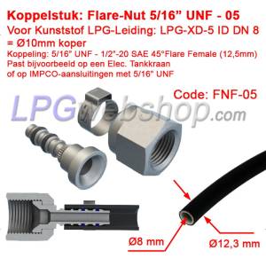 Peça de conexão Reta LPG-FIT Porca Flare 5/16" UNF (FNF-05-E) para Tubo Plástico LPG-XD-5 (10mm)