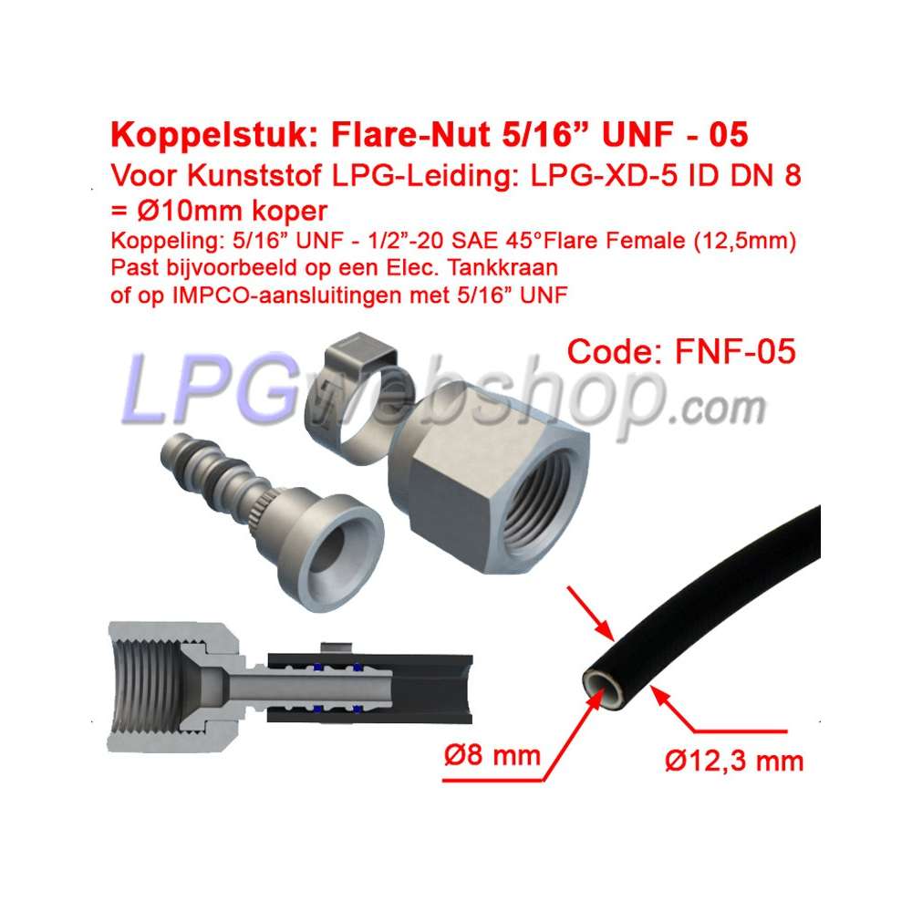 Peça de conexão Reta LPG-FIT Porca Flare 5/16" UNF (FNF-05-E) para Tubo Plástico LPG-XD-5 (10mm) Peça de conexão Reta LPG-FIT Porca Flare 5/16" UNF (FNF-05-E) para Tubo Plástico LPG-XD-5 (10mm)