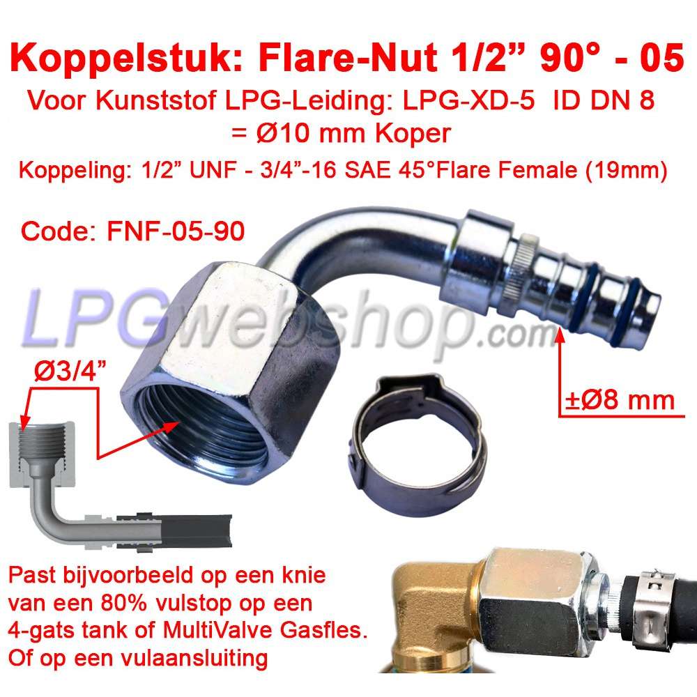 Koppelstuk Haaks LPG-FIT Flare-Nut 1/2" UNF 90° (FNF-05-90) voor Kunststof Leiding LPG-XD-5 (10mm) Koppelstuk Haaks LPG-FIT Flare-Nut 1/2" UNF 90° (FNF-05-90) voor Kunststof Leiding LPG-XD-5 (10mm)