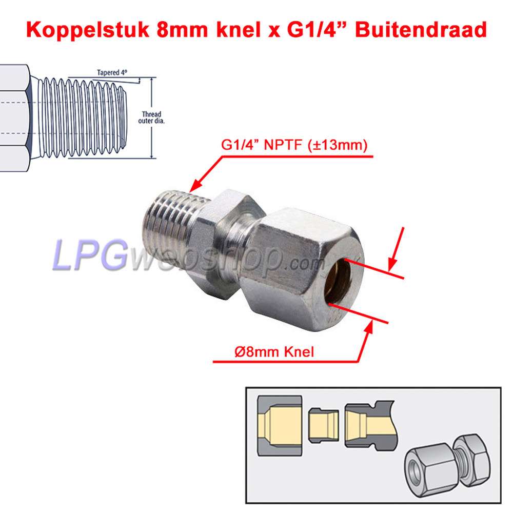 Peça de acoplamento compressão 8mm x rosca macho G1/4” Peça de acoplamento compressão 8mm x rosca macho G1/4”