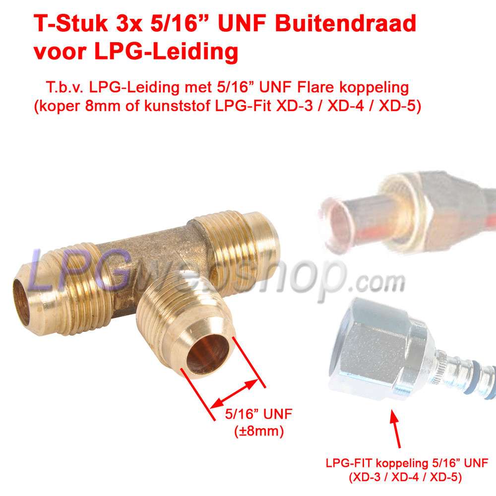 Raccordo a T 3x 5/16"UNF Flare per tubo GPL Raccordo a T 3x 5/16"UNF Flare per tubo GPL