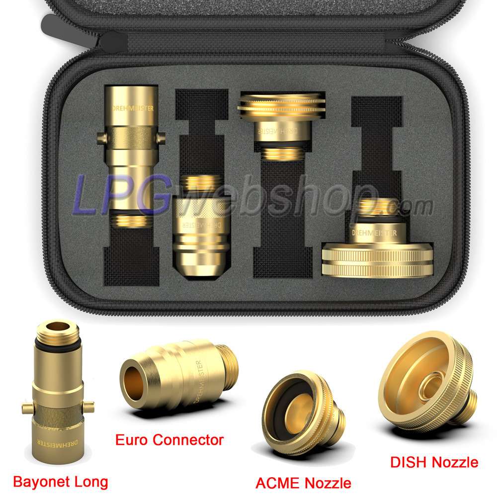 Conjunto adaptadores enchimento GLP W21.8 - 4x bocal para toda a UE em um estojo elegante Conjunto adaptadores enchimento GLP W21.8 - 4x bocal para toda a UE em um estojo elegante