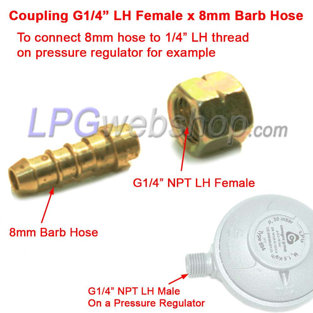 Raccord femelle G1/4" NPT LH x 8 mm pour tuyau cannelé Raccord femelle G1/4" NPT LH x 8 mm pour tuyau cannelé