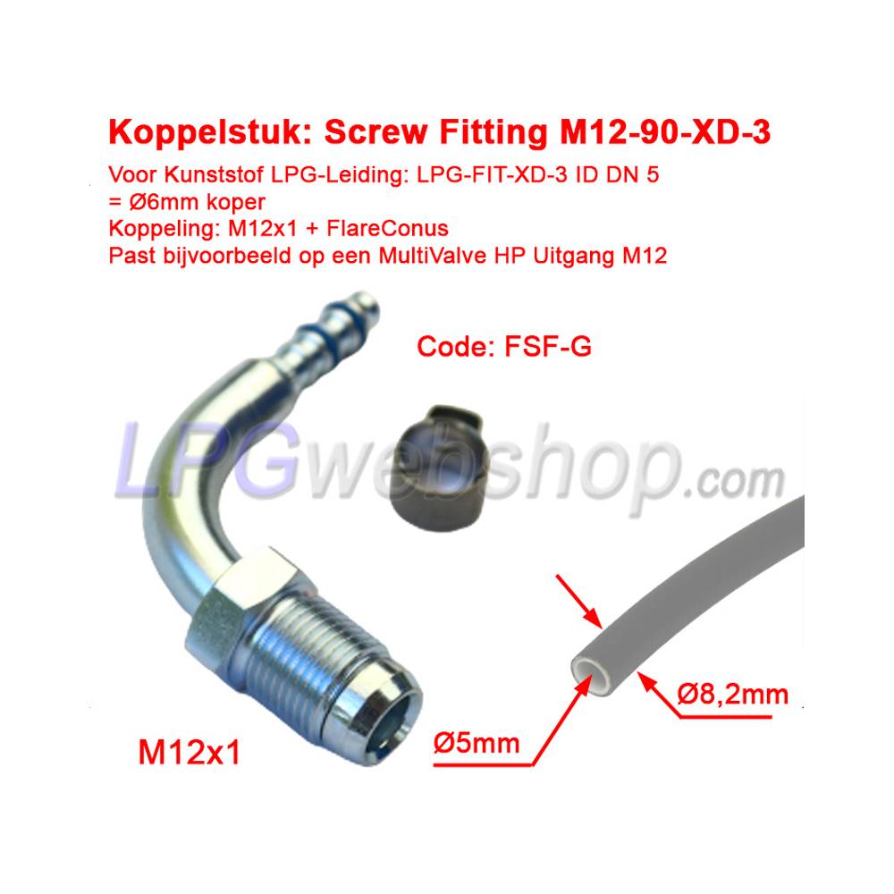 Koppelstuk LPG-FIT Screw Fitting M12-90-XD-3 FSF-G voor Kunststof Leiding LPG-XD-3 (6mm) Koppelstuk LPG-FIT Screw Fitting M12-90-XD-3 FSF-G voor Kunststof Leiding LPG-XD-3 (6mm)