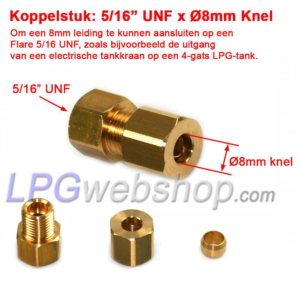 Koppelstuk 8mm knel x Flare 5/16" UNF Binnendraad Koppelstuk 8mm knel x Flare 5/16" UNF Binnendraad