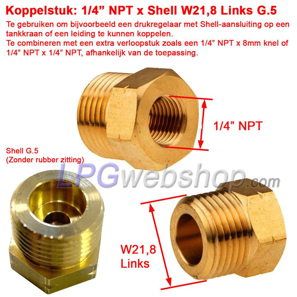 Acoplamiento hembra NPT de 1/4" x SHELL G.5 Kombi (G.2 / G.4 / G.8) W21.8, rosca externa izquierda Acoplamiento hembra NPT de 1/4" x SHELL G.5 Kombi (G.2 / G.4 / G.8) W21.8, rosca externa izquierda