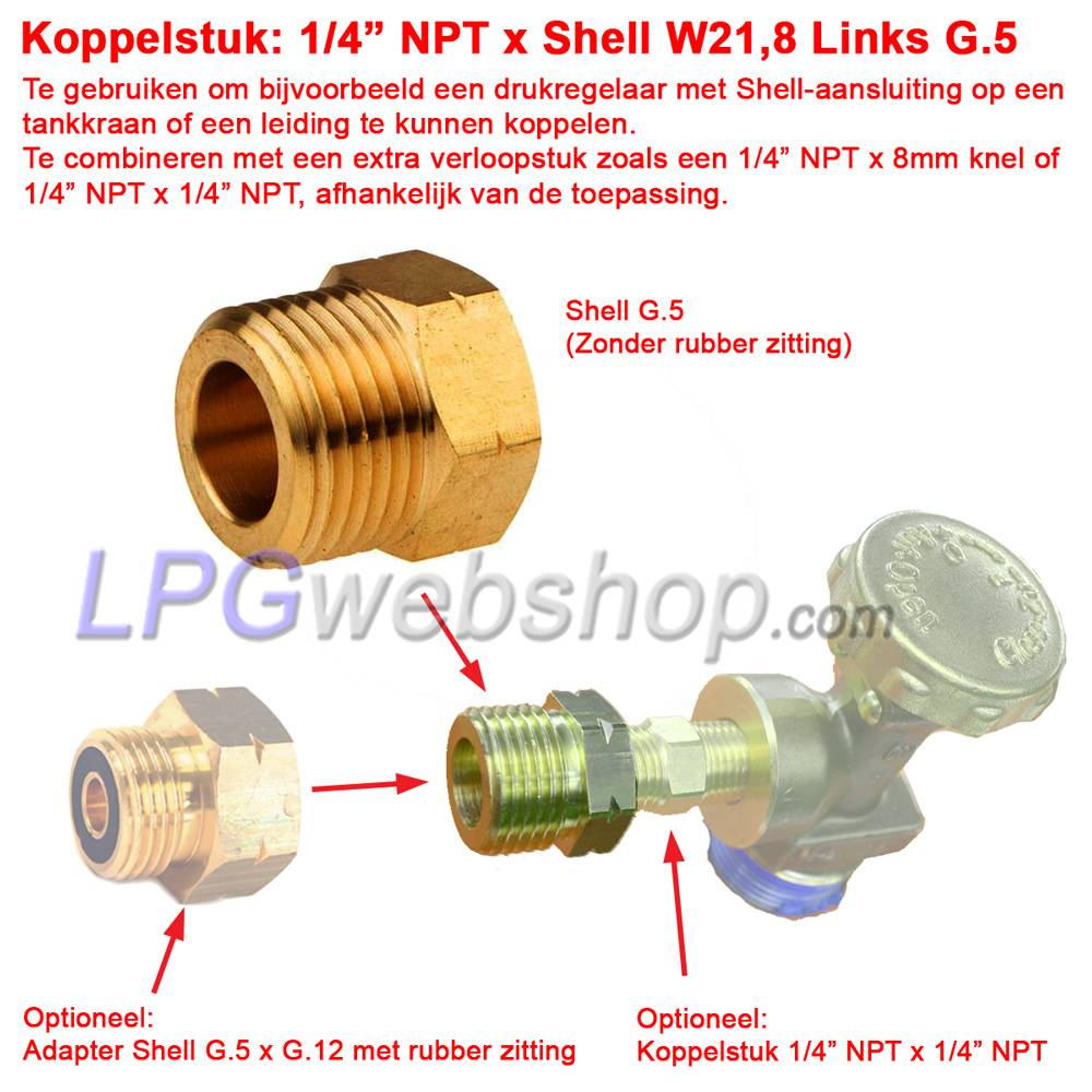 Acoplamiento hembra NPT de 1/4" x SHELL G.5 Kombi (G.2 / G.4 / G.8) W21.8, rosca externa izquierda Acoplamiento hembra NPT de 1/4" x SHELL G.5 Kombi (G.2 / G.4 / G.8) W21.8, rosca externa izquierda