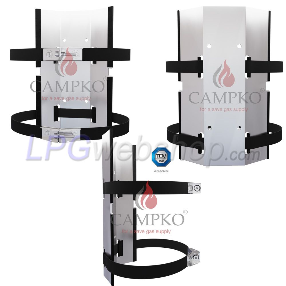 Soporte para bombonas de gas CAMPKO de acero inoxidable de Ø300 mm, incluye 2 correas tensoras. Soporte para bombonas de gas CAMPKO de acero inoxidable de Ø300 mm, incluye 2 correas tensoras.