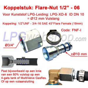 Acoplamiento recto LPG-FIT con tuerca abocinada de 1/2" UNF XD-6 FNF-I para tubo de llenado de plástico LPG-XD-6 (12 mm)