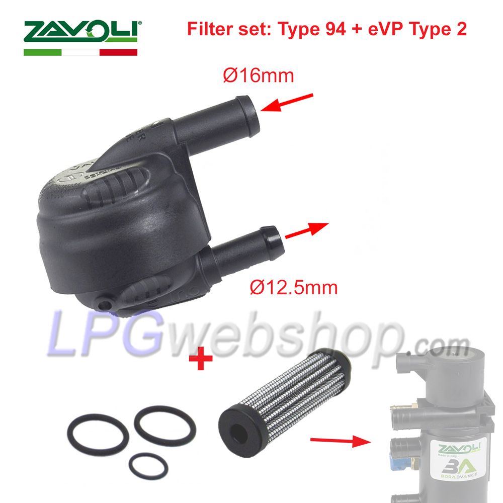 LPG-Gasfilterset Zavoli Type 94 (16mm x 12.5mm) + Natgasfilter eVP Type 2 Verdamper LPG-Gasfilterset Zavoli Type 94 (16mm x 12.5mm) + Natgasfilter eVP Type 2 Verdamper