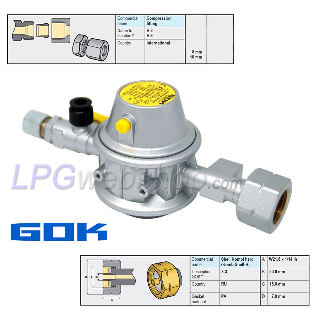 Regulador de pressão GOK EN61-DS Caramatic BasicOne 30mbar 1.5kg/h - Shell Komb.A W21,8 x RVS 8mm Regulador de pressão GOK EN61-DS Caramatic BasicOne 30mbar 1.5kg/h - Shell Komb.A W21,8 x RVS 8mm