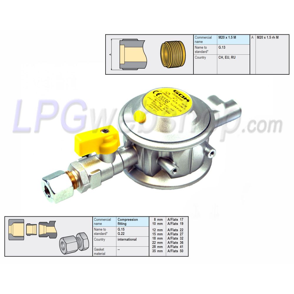 Juego de regulador de presión GOK EN61-DS para 1 depósito de gas de vapor con conexión de compresión de 8 mm o grifo depósito UN Juego de regulador de presión GOK EN61-DS para 1 depósito de gas de vapor con conexión de compresión de 8 mm o grifo depósito UN