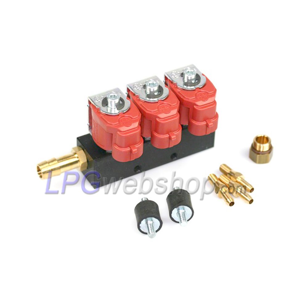 Rail 3 Injecteurs GPL VALTEK T30 rouge STD 3 Ohm avec kit de montage sans buses d'injecteur Rail 3 Injecteurs GPL VALTEK T30 rouge STD 3 Ohm avec kit de montage sans buses d'injecteur