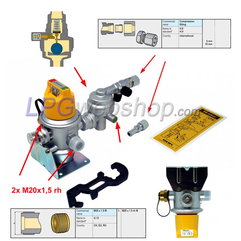 GOK Reducer Caramatic DriveTwo CS 50mbar 1.5 kg/h - Horizontal position M20x1.5 GOK Reducer Caramatic DriveTwo CS 50mbar 1.5 kg/h - Horizontal position M20x1.5