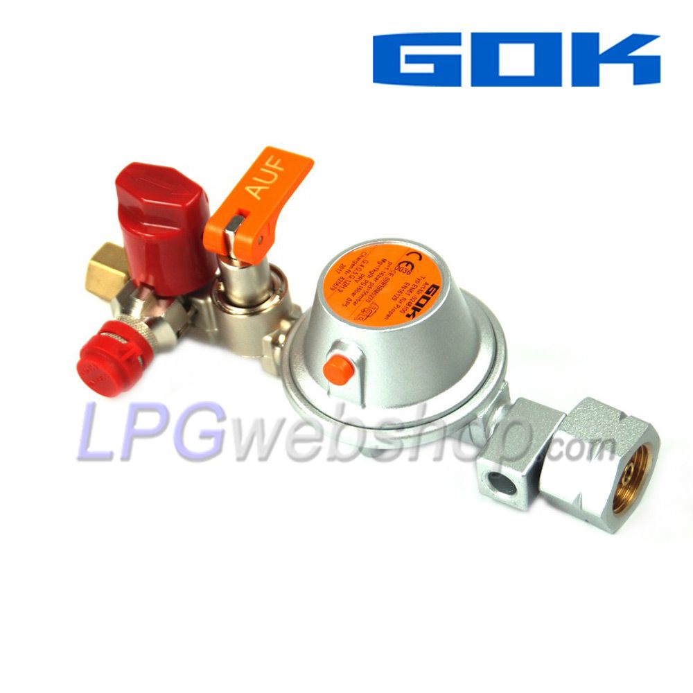 Druckregler GOK EN61 - 50mbar 1kg/h - Shell Kombi.A W21,8 x RVS 8mm mit Absperrventil für Dichtheitsprüfungen Druckregler GOK EN61 - 50mbar 1kg/h - Shell Kombi.A W21,8 x RVS 8mm mit Absperrventil für Dichtheitsprüfungen
