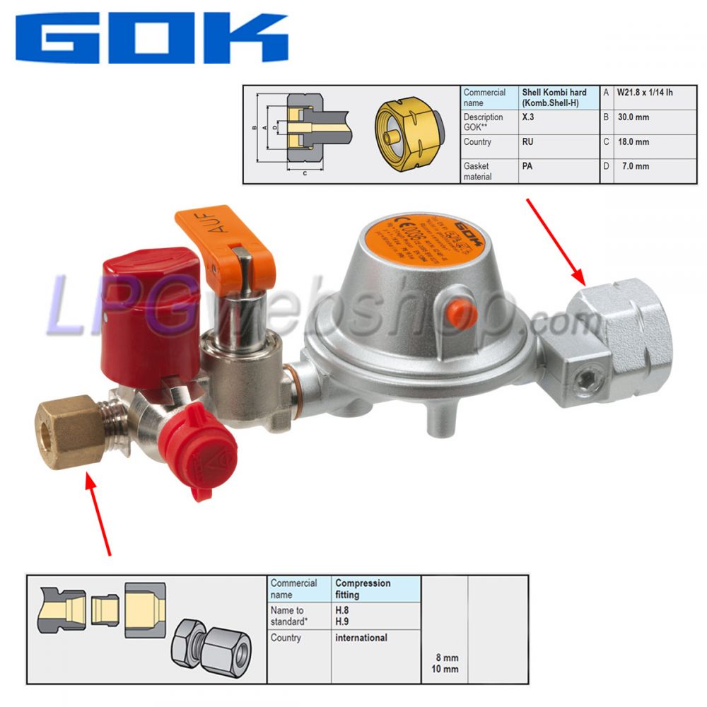 Regolatore di Pressione GOK EN61 - 50mbar 1kg/h - Shell Kombi.A W21,8 x RVS 8mm Regolatore di Pressione GOK EN61 - 50mbar 1kg/h - Shell Kombi.A W21,8 x RVS 8mm