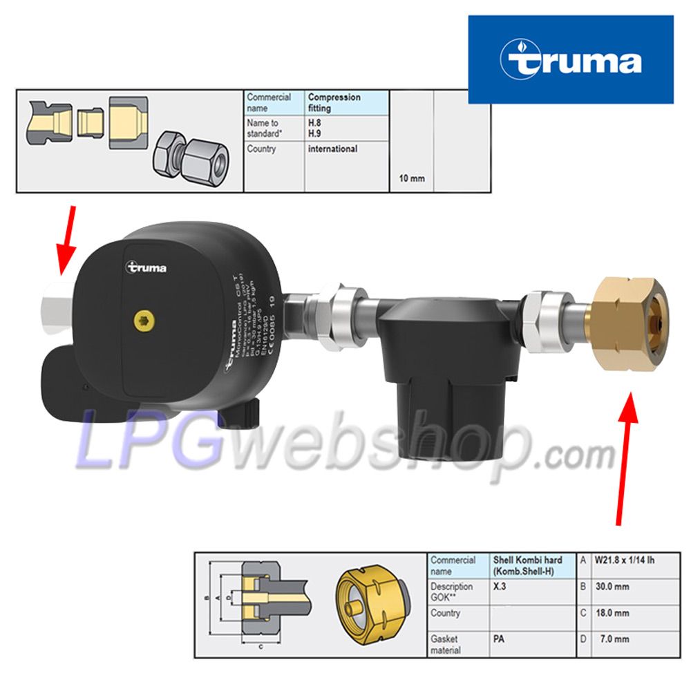 Regulador de presión de gas Truma MonoControl CST de 30 mbar con sensor de impacto y filtro incluido. Regulador de presión de gas Truma MonoControl CST de 30 mbar con sensor de impacto y filtro incluido.