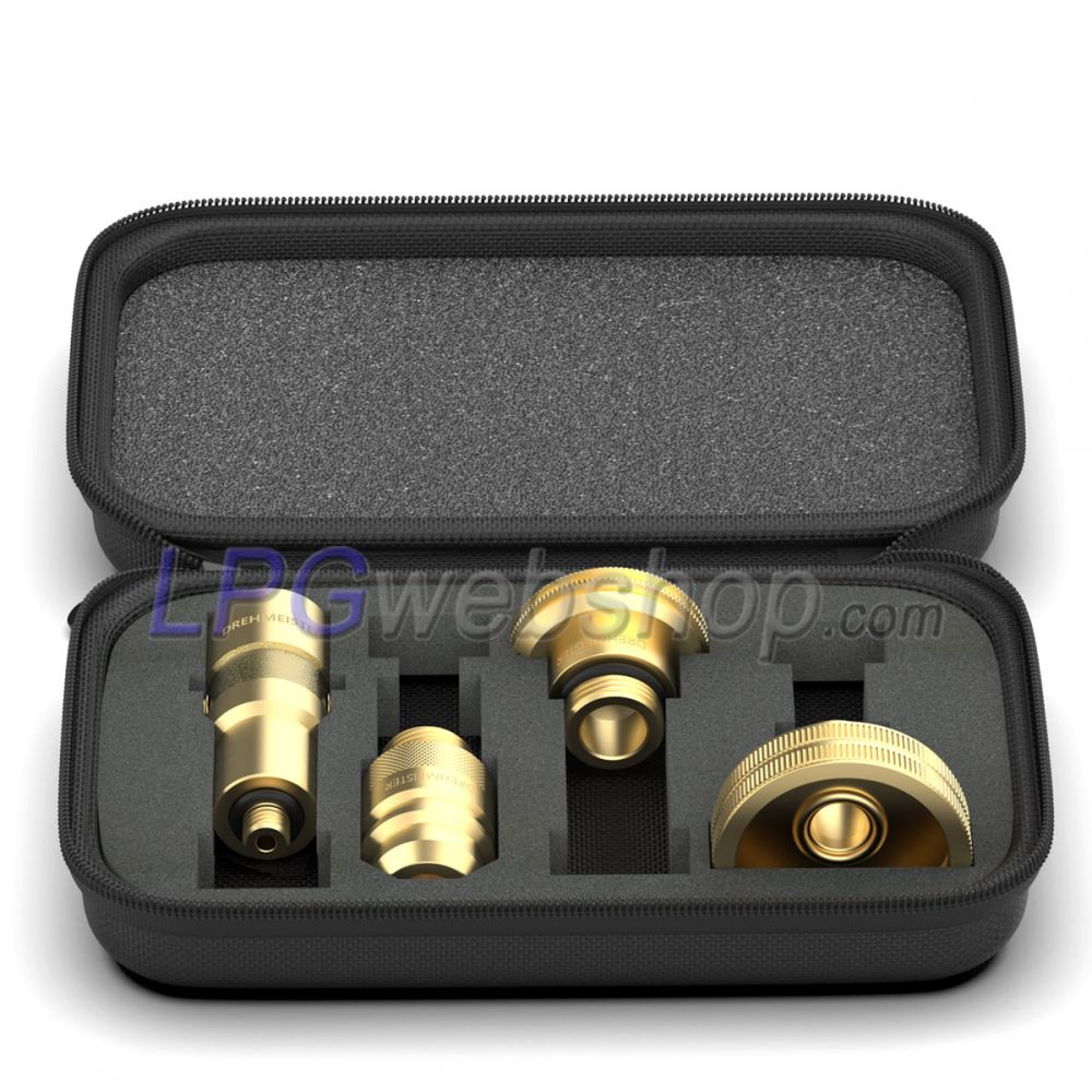 Conjunto adaptadores enchimento GLP M10 - 4x bocal para toda a UE em um estojo elegante Conjunto adaptadores enchimento GLP M10 - 4x bocal para toda a UE em um estojo elegante