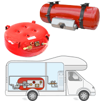 Rote LPG Brenngastanks mit Flüssiggas im Gaszustand für die Gasverwendung in Wohnmobilen, Wohnwagen oder Imbisswagen zum Kochen