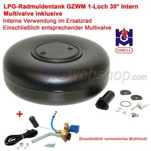 LPG-Radmuldentank 59L (Ø630x250) GZWM 1-Loch 30° Intern Multivalve inklusive