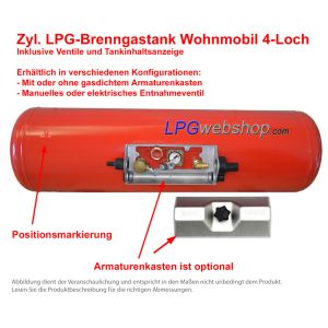 Zylindrischer LPG Brenngastank Wohnmobil 25L (Ø200xL890) GZWM 4-Loch - Inklusive Ventile