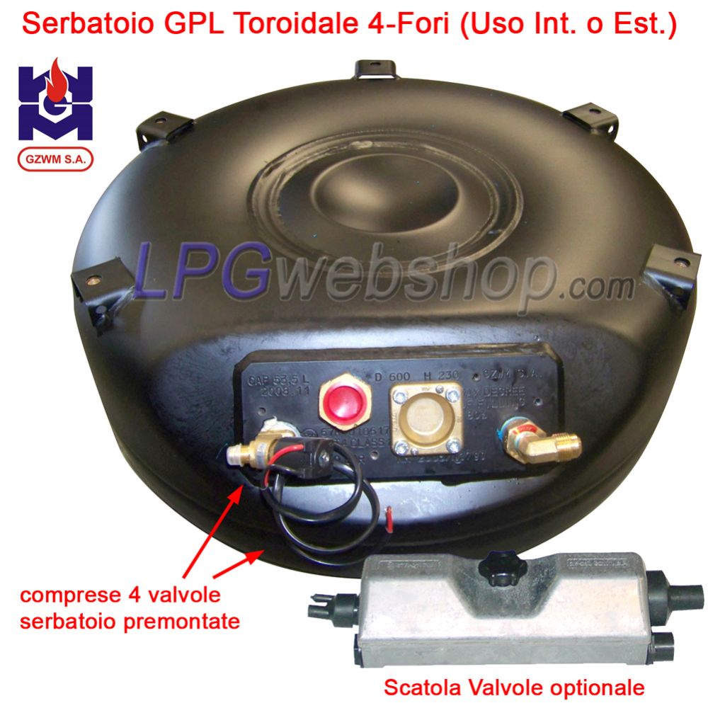 Serbatoio Bombola GPL Toroidale di 63L (Ø650x230) 4-Fori GZWM con Valvole incluse Serbatoio Bombola GPL Toroidale di 63L (Ø650x230) 4-Fori GZWM con Valvole incluse