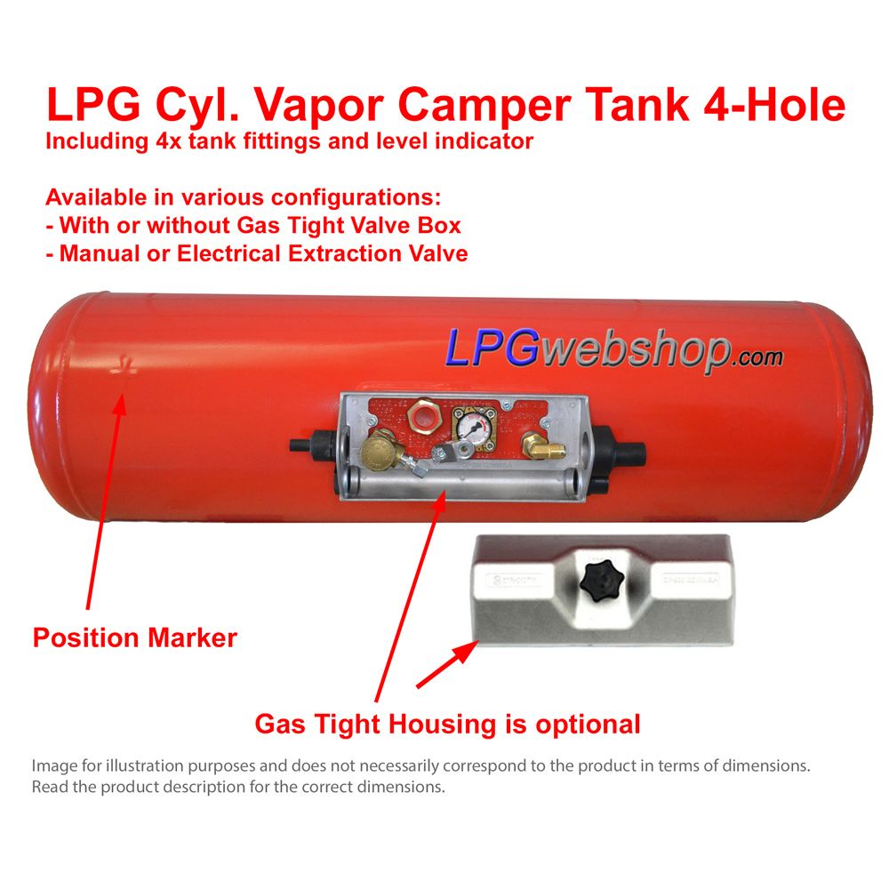 Cyl. Camper LPG Vapor Tank 20L (Ø200x720) GZWM 4 Hole - Incl. Valves - Camper Cooking Cyl. Camper LPG Vapor Tank 20L (Ø200x720) GZWM 4 Hole - Incl. Valves - Camper Cooking
