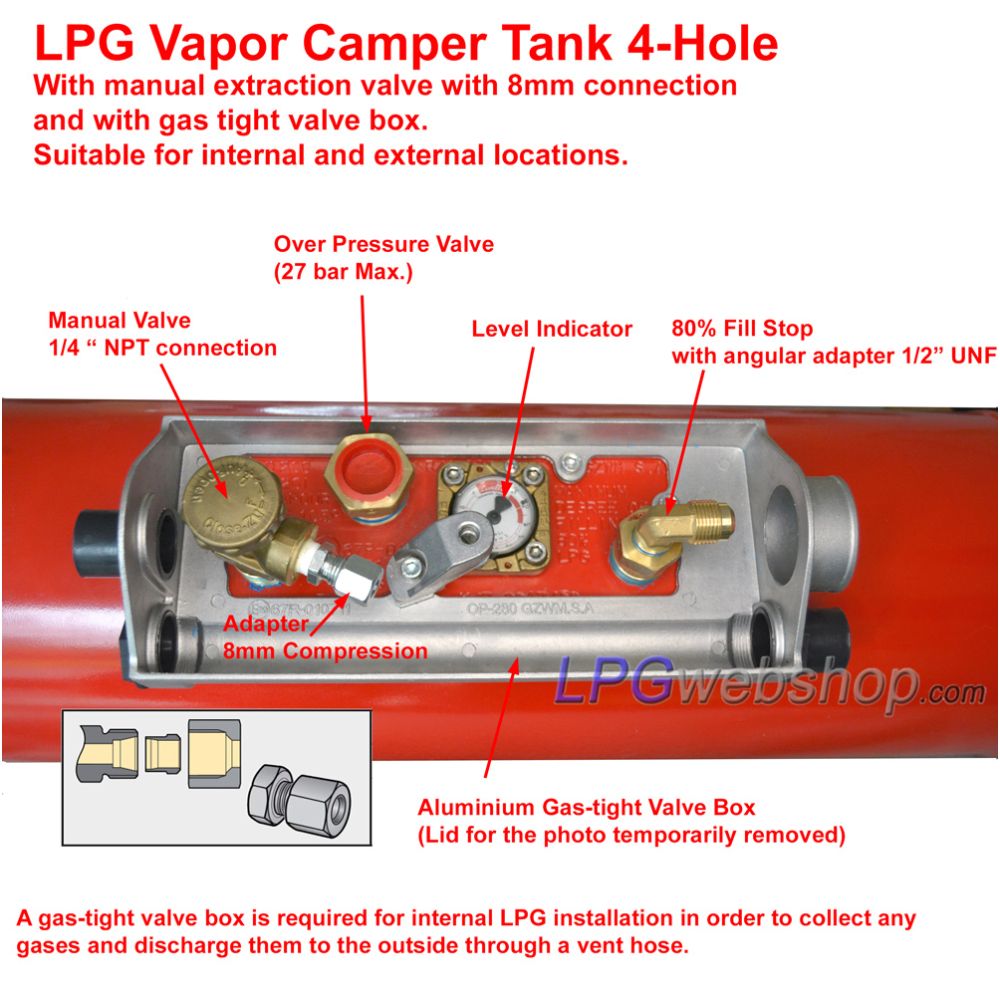 Cyl. Camper LPG Vapor Tank 20L (Ø200x720) GZWM 4 Hole - Incl. Valves - Camper Cooking Cyl. Camper LPG Vapor Tank 20L (Ø200x720) GZWM 4 Hole - Incl. Valves - Camper Cooking