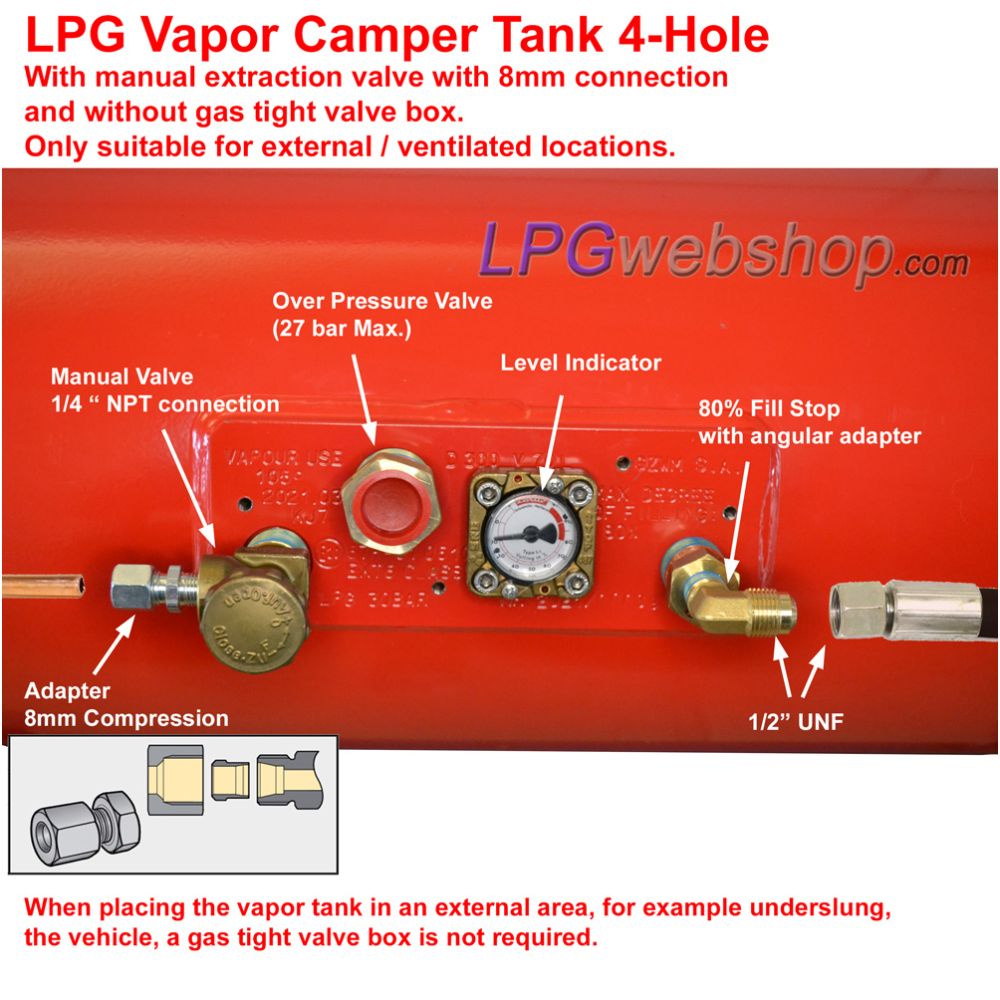 Depósito cilíndrico GLP gasoso para autocaravana 20L (Ø200x720) 4 furos GZWM Válvulas incluídas Depósito cilíndrico GLP gasoso para autocaravana 20L (Ø200x720) 4 furos GZWM Válvulas incluídas