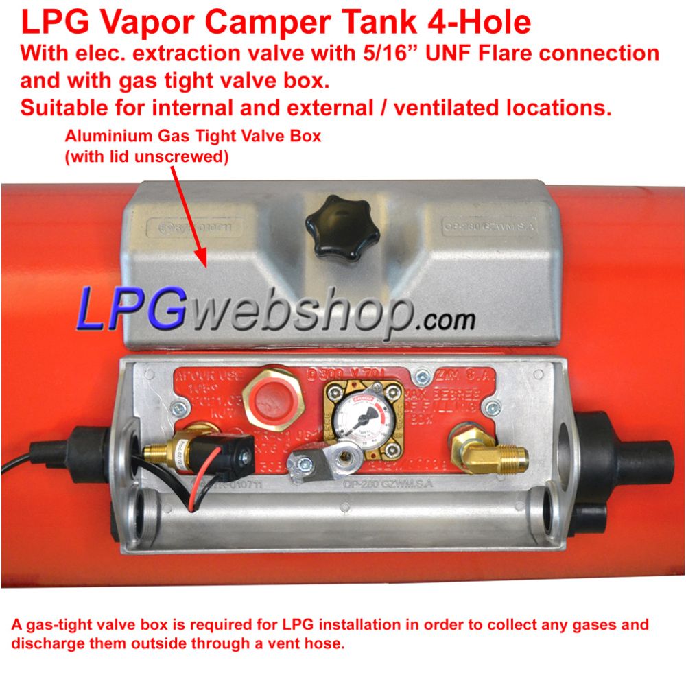 Depósito cilíndrico GLP gasoso para autocaravana 20L (Ø200x720) 4 furos GZWM Válvulas incluídas Depósito cilíndrico GLP gasoso para autocaravana 20L (Ø200x720) 4 furos GZWM Válvulas incluídas