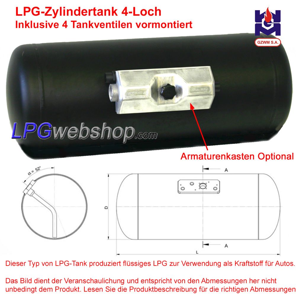 LPG-Zylindertank 50L (Ø360x582) 4-Loch GZWM inkl. Ventile LPG-Zylindertank 50L (Ø360x582) 4-Loch GZWM inkl. Ventile