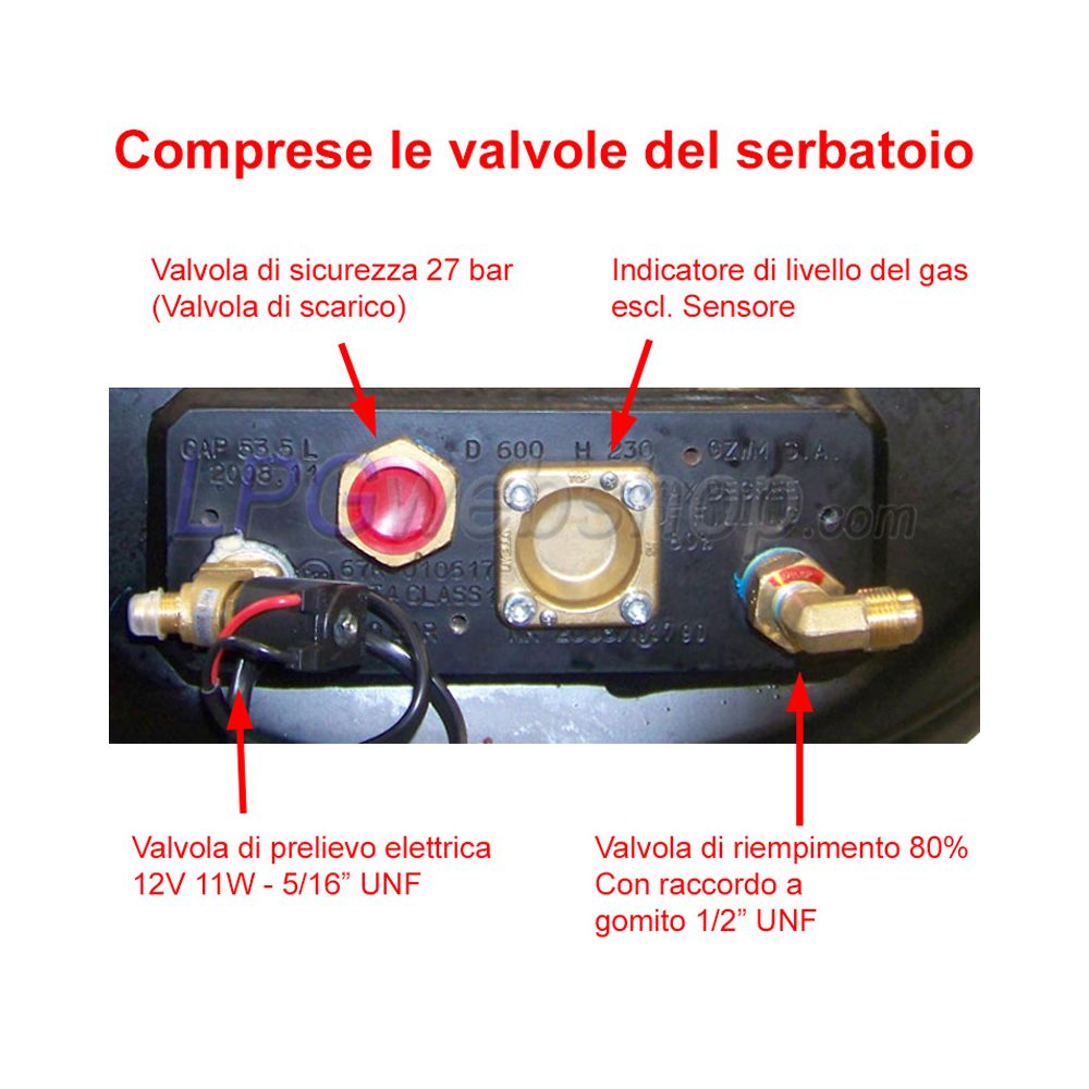 Serbatoio Bombola GPL Cilindrico di 50L (Ø360x582) 4-Fori GZWM con Valvole incluse Serbatoio Bombola GPL Cilindrico di 50L (Ø360x582) 4-Fori GZWM con Valvole incluse