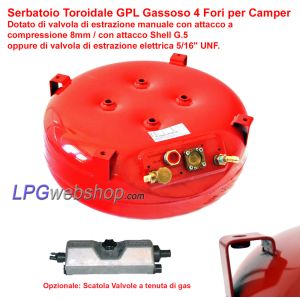Serbatoio Bombola Toroidale GPL gassoso per Camper 53,5L (Ø600x230) 4 fori GZWM comprese Valvole