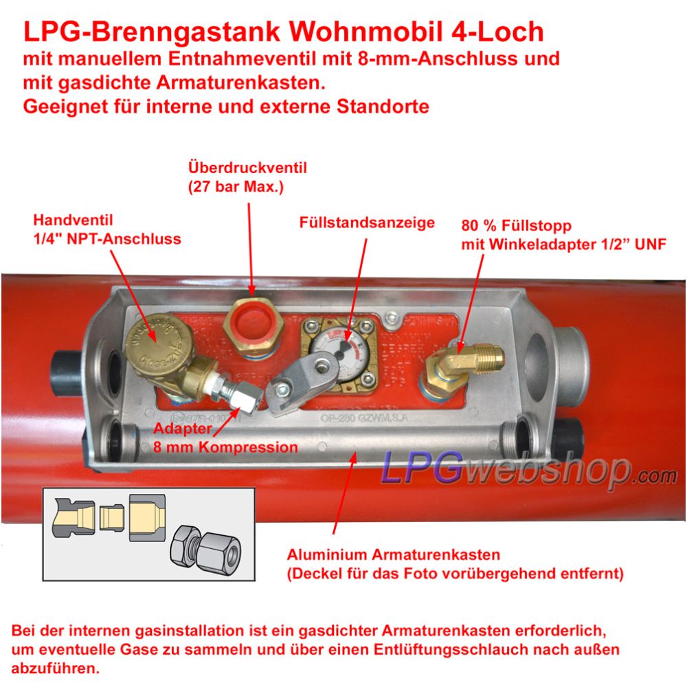 Zylindrischer LPG Brenngastank Wohnmobil 16L (Ø200x585) GZWM 4-Loch - Inklusive Ventile Zylindrischer LPG Brenngastank Wohnmobil 16L (Ø200x585) GZWM 4-Loch - Inklusive Ventile