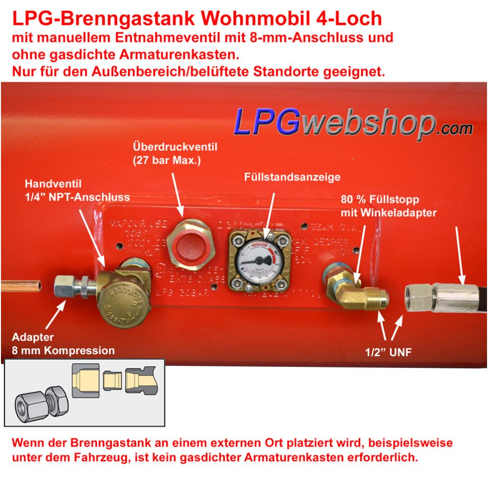 Zylindrischer LPG Brenngastank Wohnmobil 85L (Ø360x944) GZWM 4-Loch - Inklusive Ventile Zylindrischer LPG Brenngastank Wohnmobil 85L (Ø360x944) GZWM 4-Loch - Inklusive Ventile