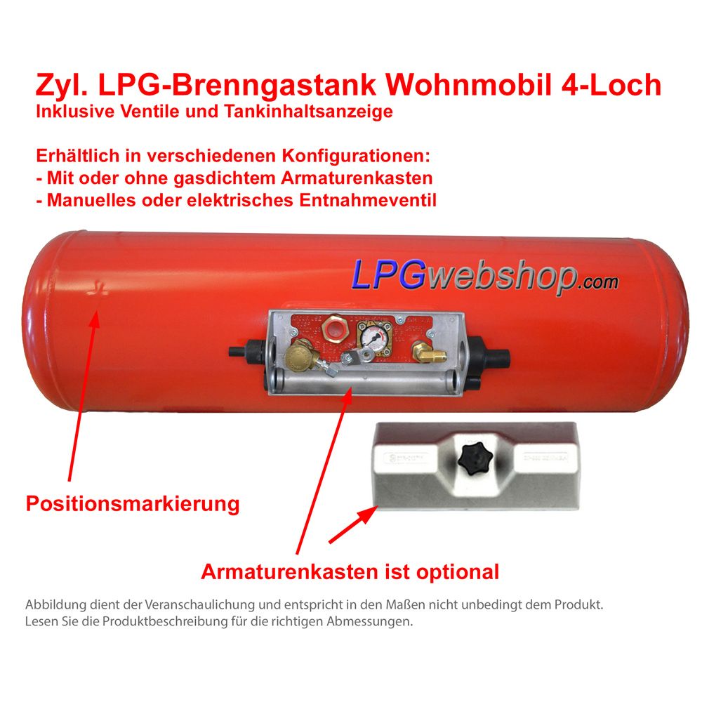 Zylindrischer LPG Brenngastank Wohnmobil 120L (Ø360x1298) GZWM 4-Loch - Inklusive Ventile Zylindrischer LPG Brenngastank Wohnmobil 120L (Ø360x1298) GZWM 4-Loch - Inklusive Ventile