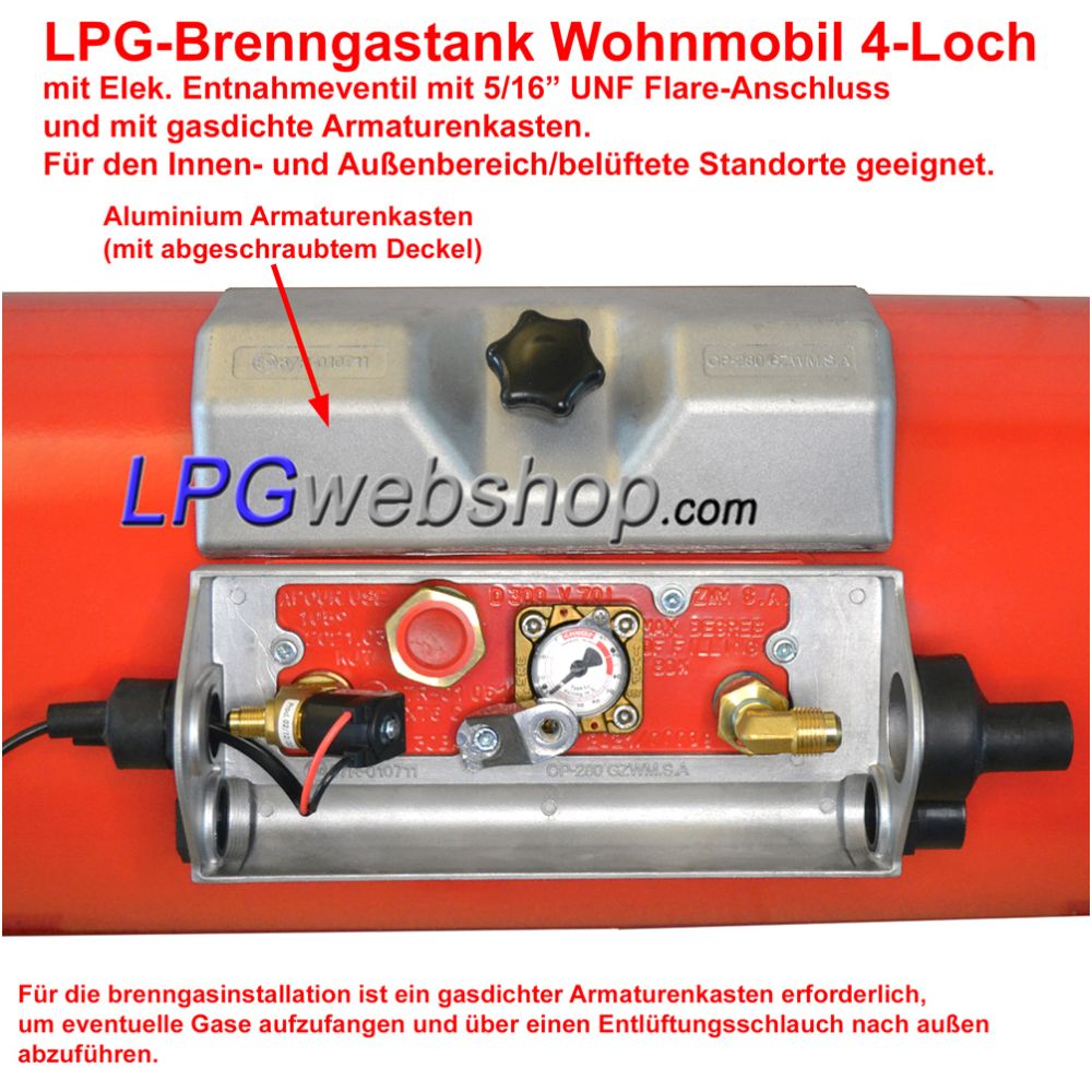 Zylindrischer LPG Brenngastank Wohnmobil 20L (Ø200x720) GZWM 4-Loch - Inklusive Ventile Zylindrischer LPG Brenngastank Wohnmobil 20L (Ø200x720) GZWM 4-Loch - Inklusive Ventile