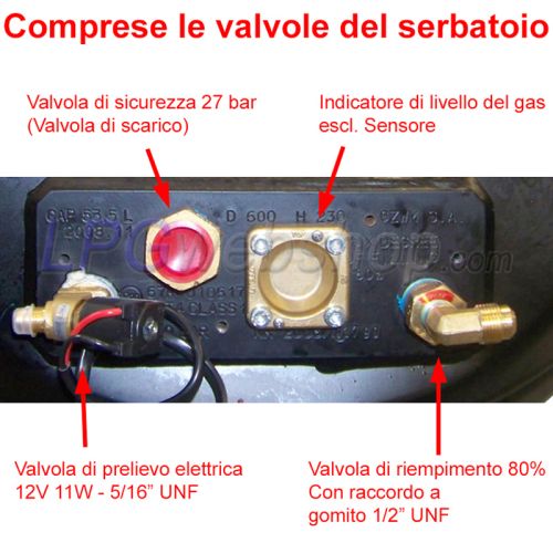 Serbatoio Bombola GPL Cilindrico di 180L (Ø450x1250) 4-Fori GZWM con Valvole incluse