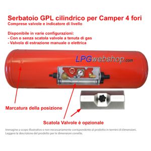 Serbatoio cilindrico Bombola GPL gassoso per Camper 38L (Ø230x1014) 4 fori GZWM con Valvole incluse