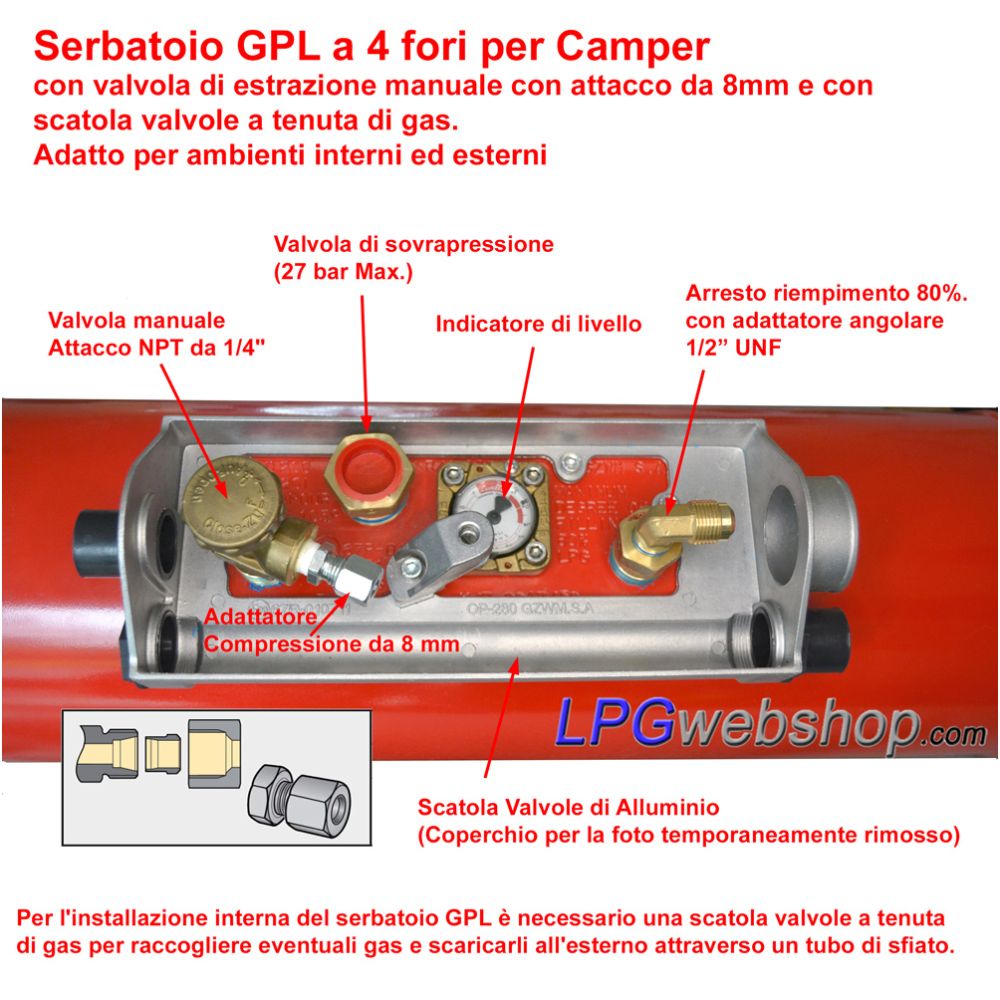 Serbatoio cilindrico Bombola GPL gassoso per Camper 85L (Ø360x944) 4 fori GZWM con Valvole incluse Serbatoio cilindrico Bombola GPL gassoso per Camper 85L (Ø360x944) 4 fori GZWM con Valvole incluse