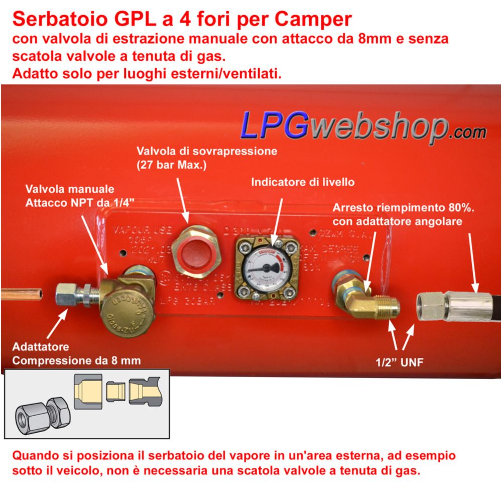 Serbatoio cilindrico Bombola GPL gassoso per Camper 20L (Ø200x720) 4 fori GZWM con Valvole incluse Serbatoio cilindrico Bombola GPL gassoso per Camper 20L (Ø200x720) 4 fori GZWM con Valvole incluse