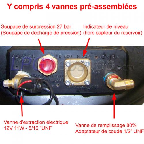 Réservoir GPL Cylindrique 50L (300x800) GZWM 4 trous 52° compris les raccords