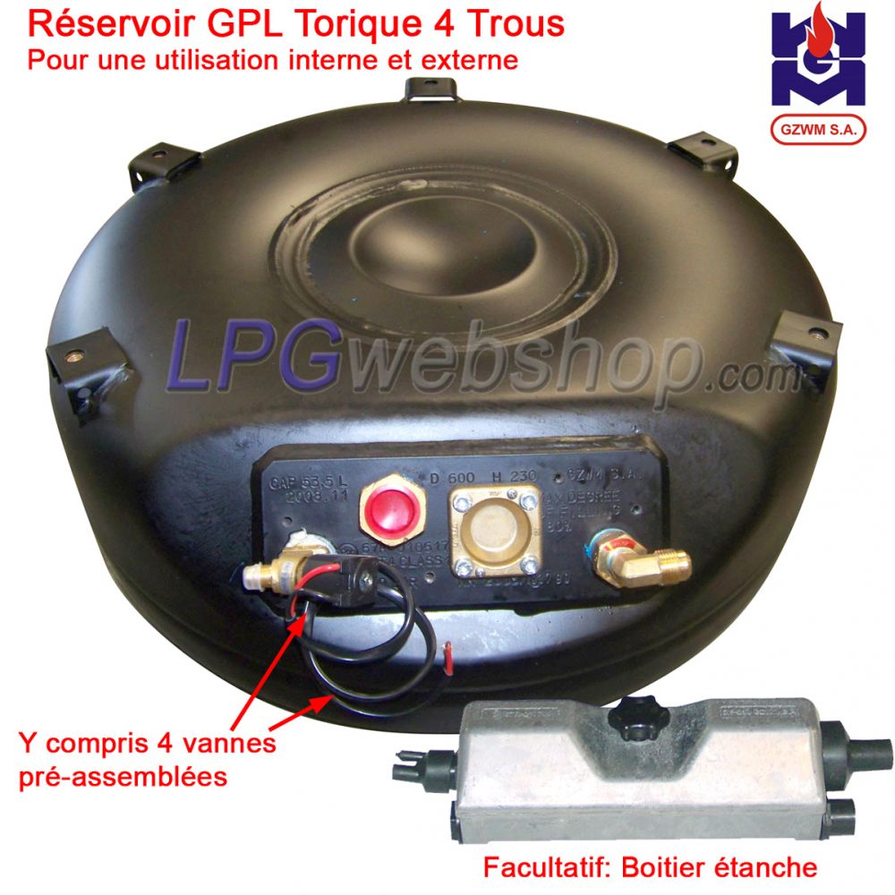Réservoir GPL Torique 63L (650x230) GZWM 4 trous 52° compris les raccords Réservoir GPL Torique 63L (650x230) GZWM 4 trous 52° compris les raccords