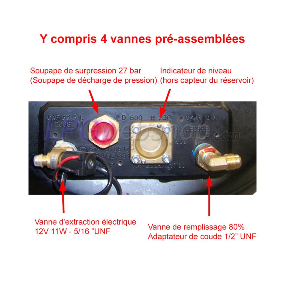 Réservoir GPL Torique 63L (650x230) GZWM 4 trous 52° compris les raccords Réservoir GPL Torique 63L (650x230) GZWM 4 trous 52° compris les raccords